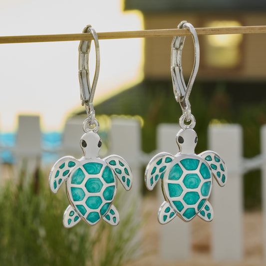 Teal Sea Turtle Leverback Earrings