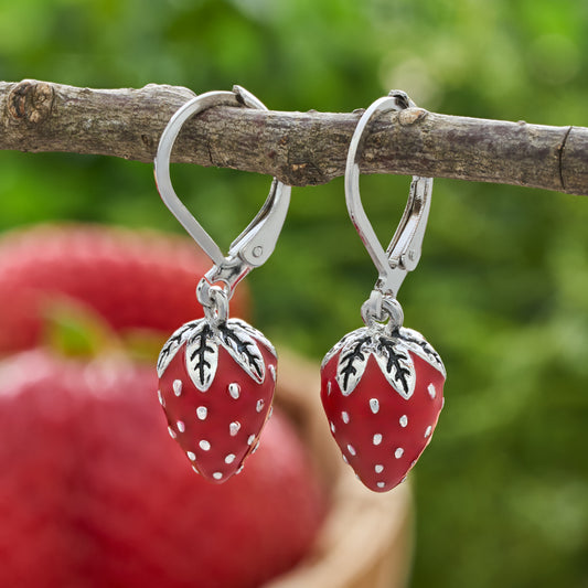 Hand-Painted Red Enamel Strawberry Leverback Earrings
