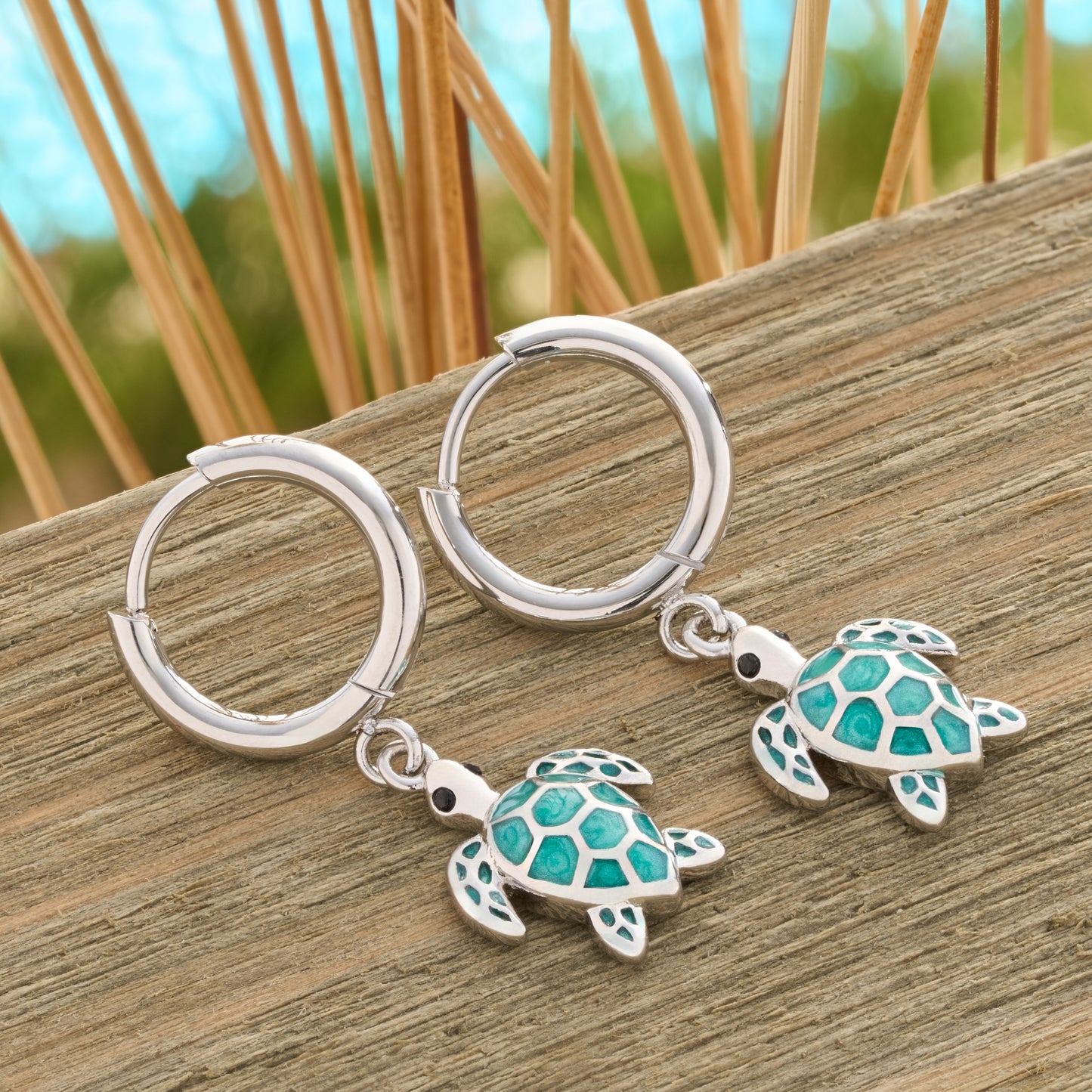 Teal Sea Turtle Hoop Earrings