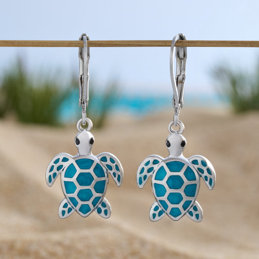 Ocean Blue Sea Turtle Leverback Earrings