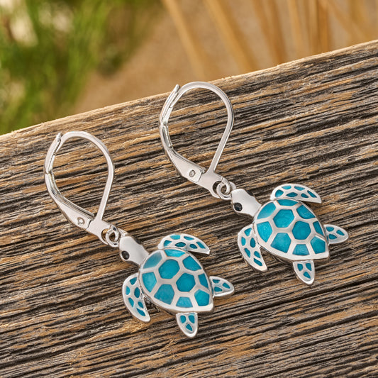 Ocean Blue Sea Turtle Leverback Earrings