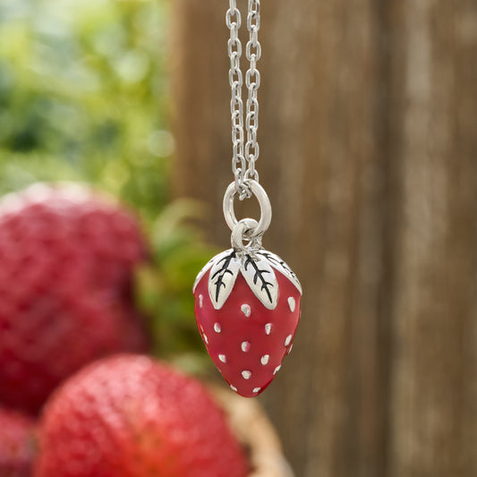 Hand-Painted Red Enamel Strawberry Necklace