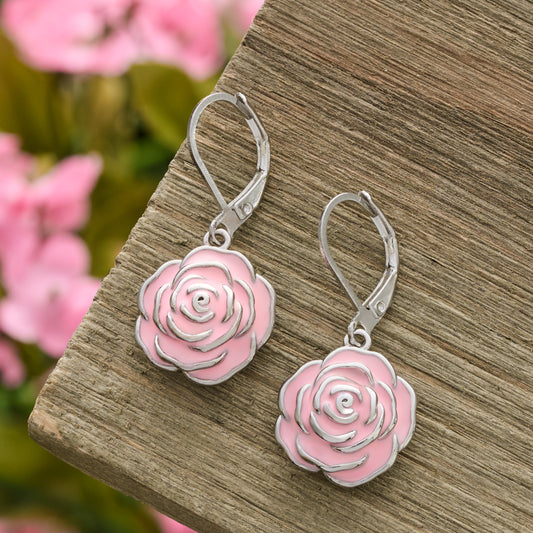 Hand-Painted Pink Rose Leverback Earrings