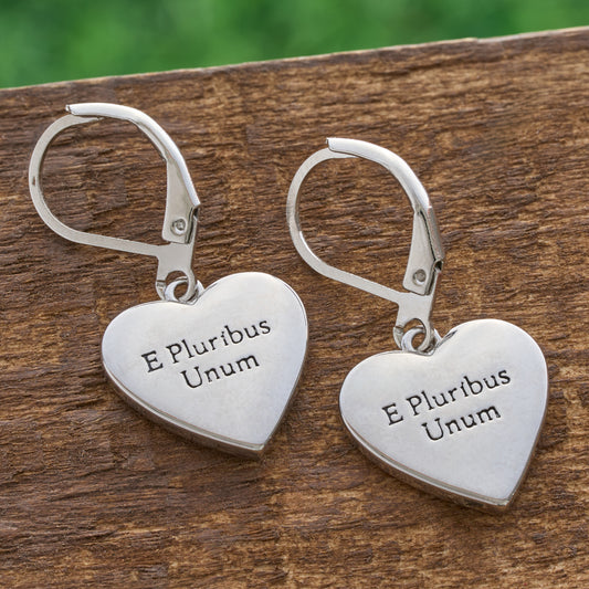 Patriot American flag heart leverback earrings back view engraved with E Pluribus Unum on rustic wood

