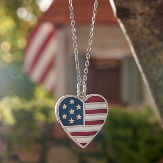 Patriotic American flag heart pendant necklace with red white and blue enamel for July 4th and USA 250th anniversary
