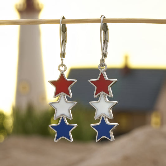 Red White Blue Triple Star Leverback Earrings