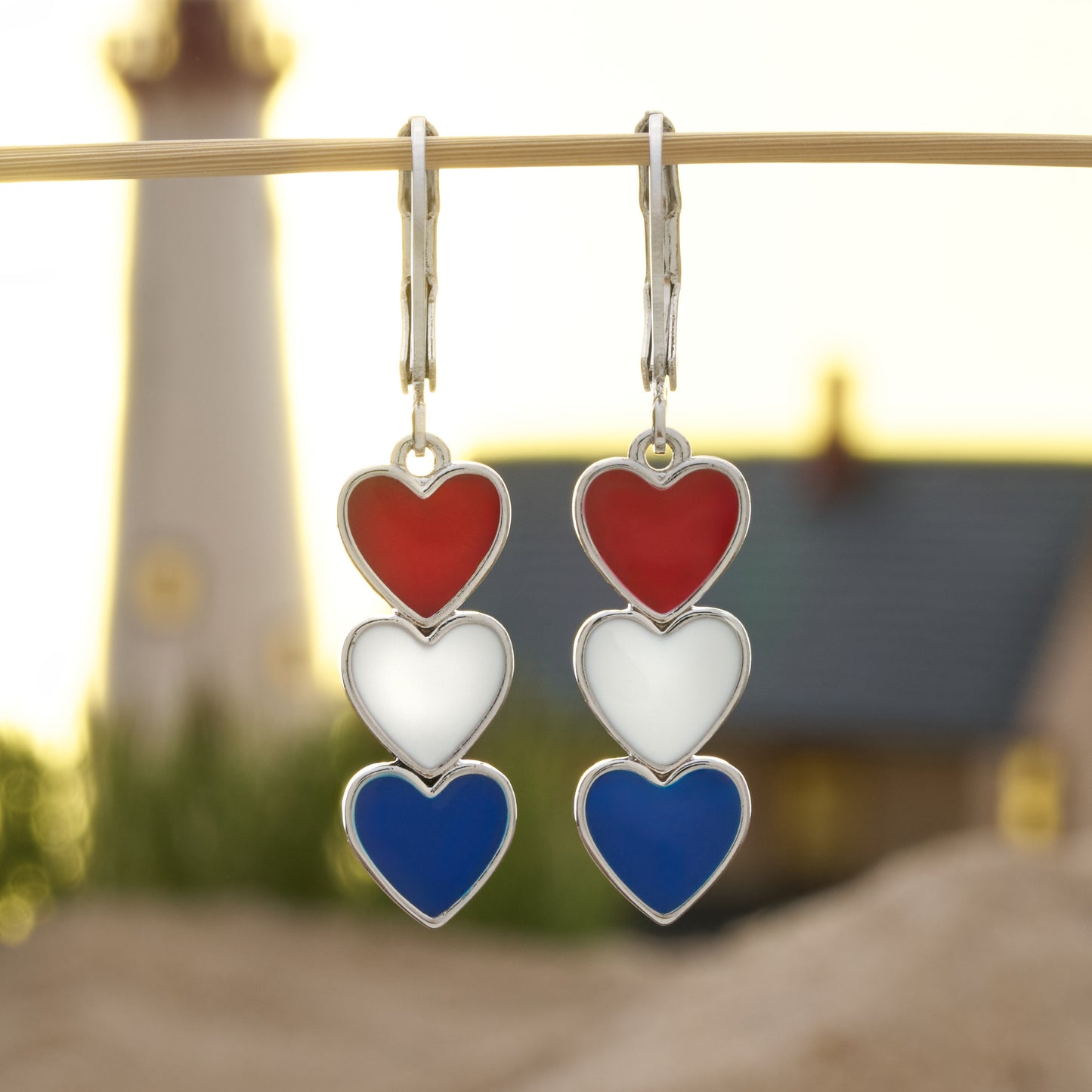 Red White Blue Triple Heart Leverback Earrings