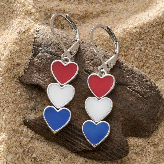 Red White Blue Triple Heart Leverback Earrings
