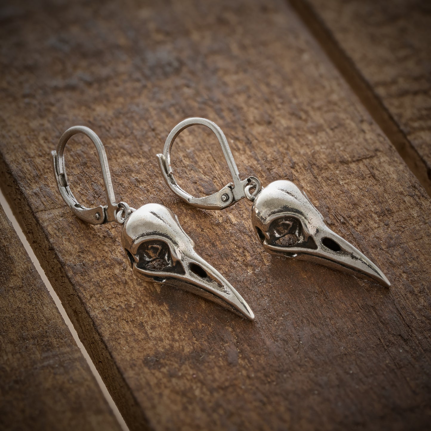 Vintage Raven Skull Leverback Earrings