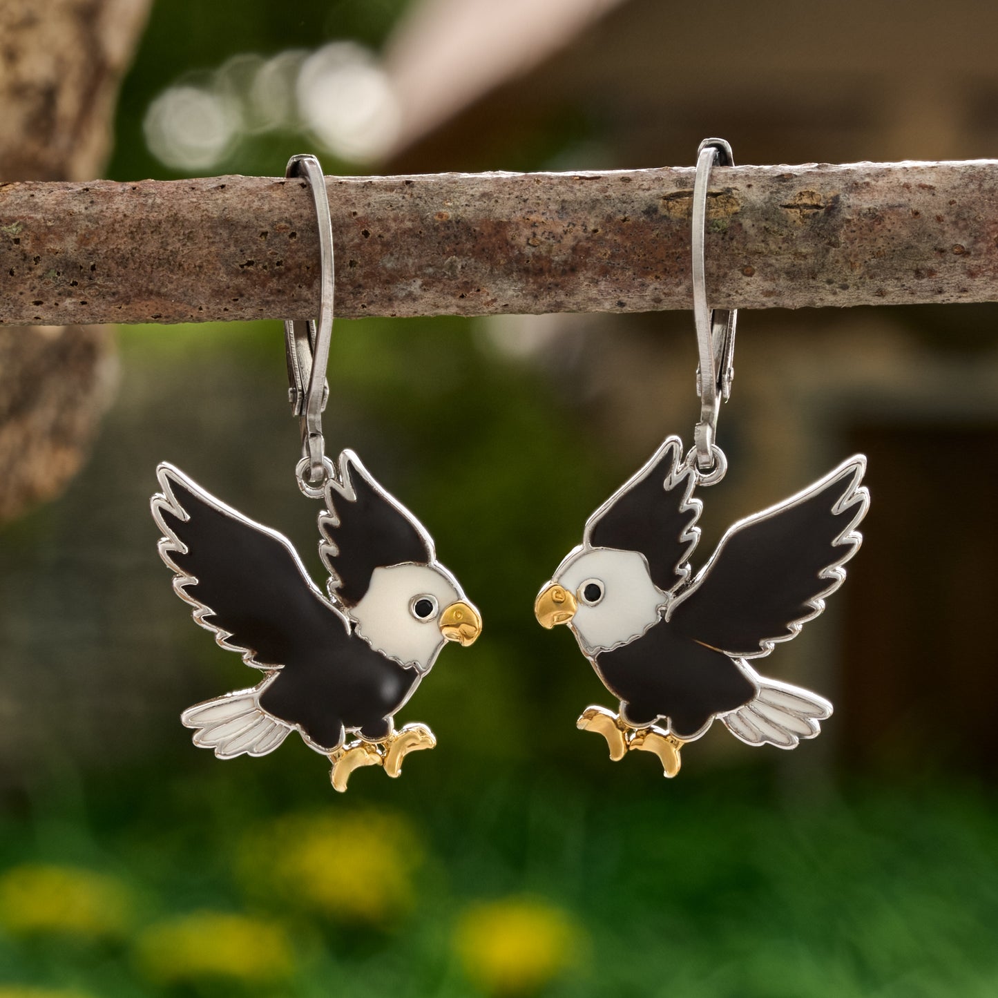 White & Brown Enamel Eagle Leverback Earrings