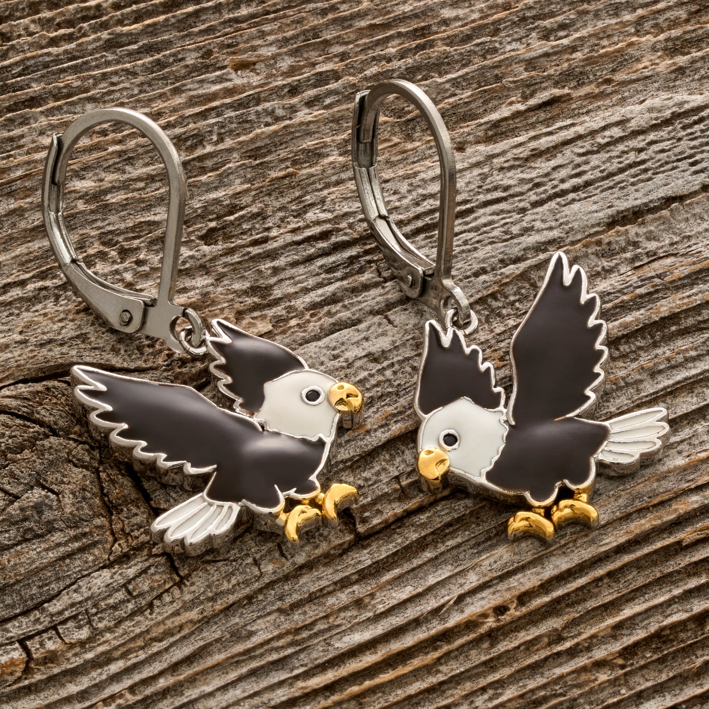 White & Brown Enamel Eagle Leverback Earrings