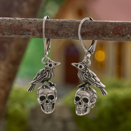 Vintage Raven on Skull Leverback Earrings