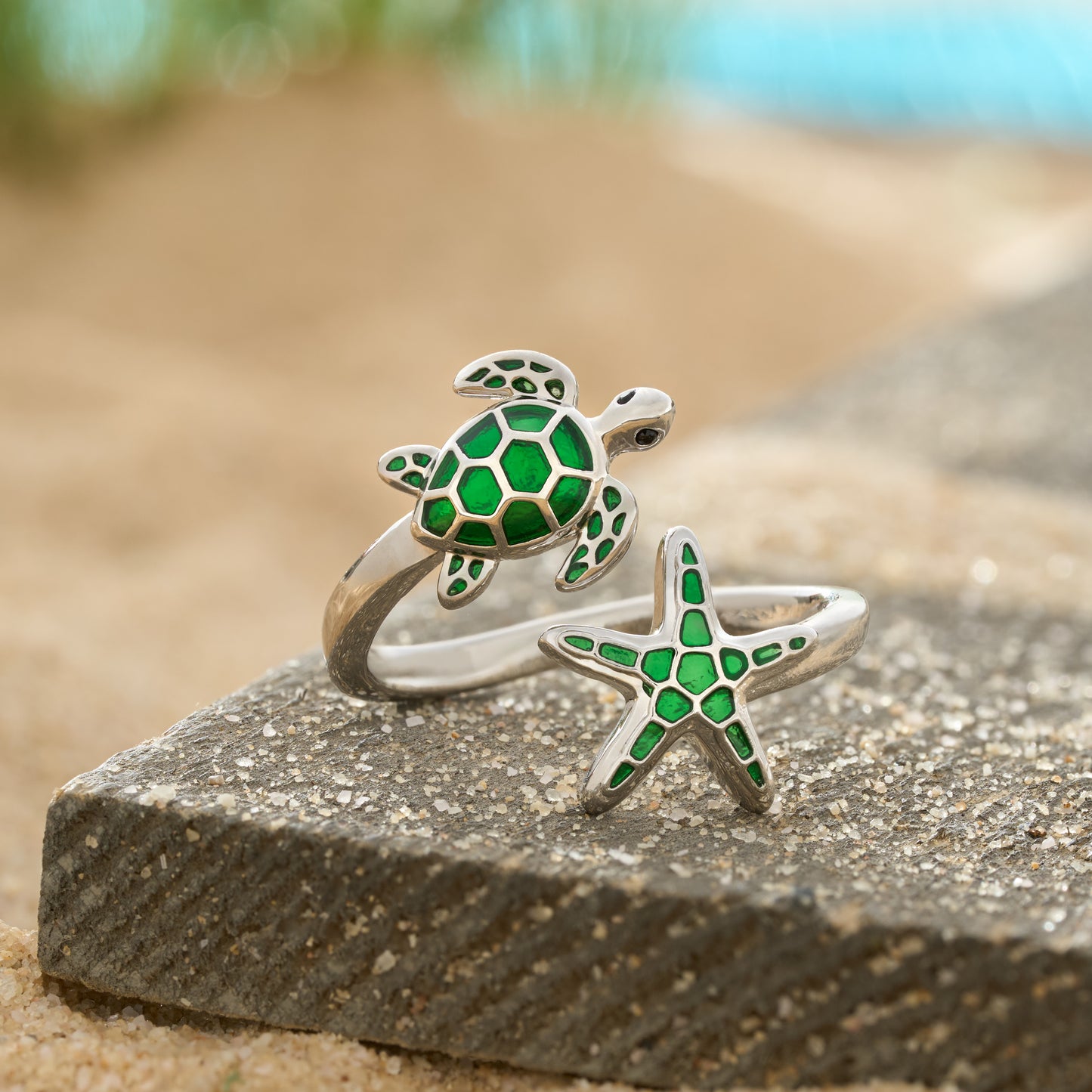 Green Sea Turtle & Starfish Enamel Ring