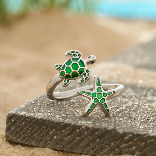 Green Sea Turtle & Starfish Enamel Ring
