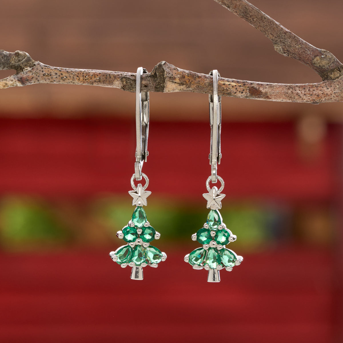 Dainty CZ Christmas Tree Leverback Earrings