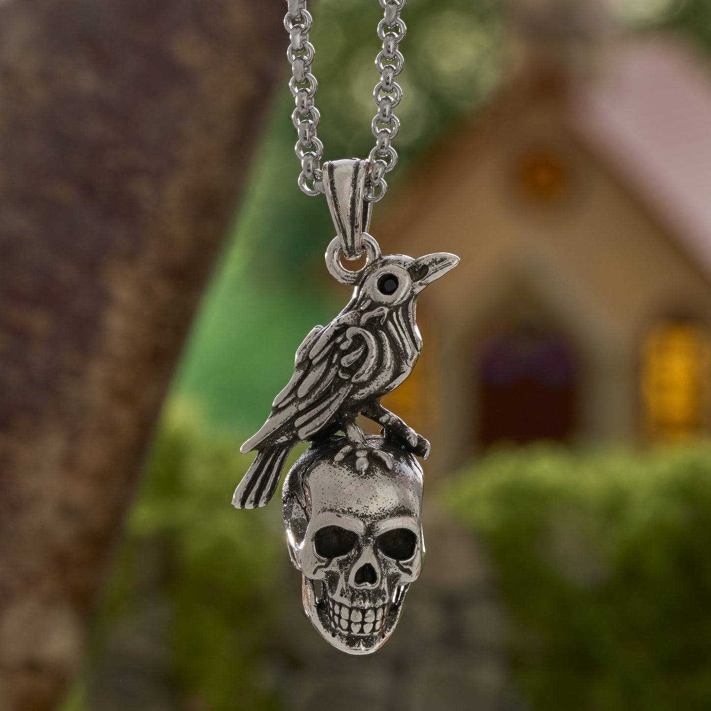 Vintage Raven on Skull Pendant Necklace