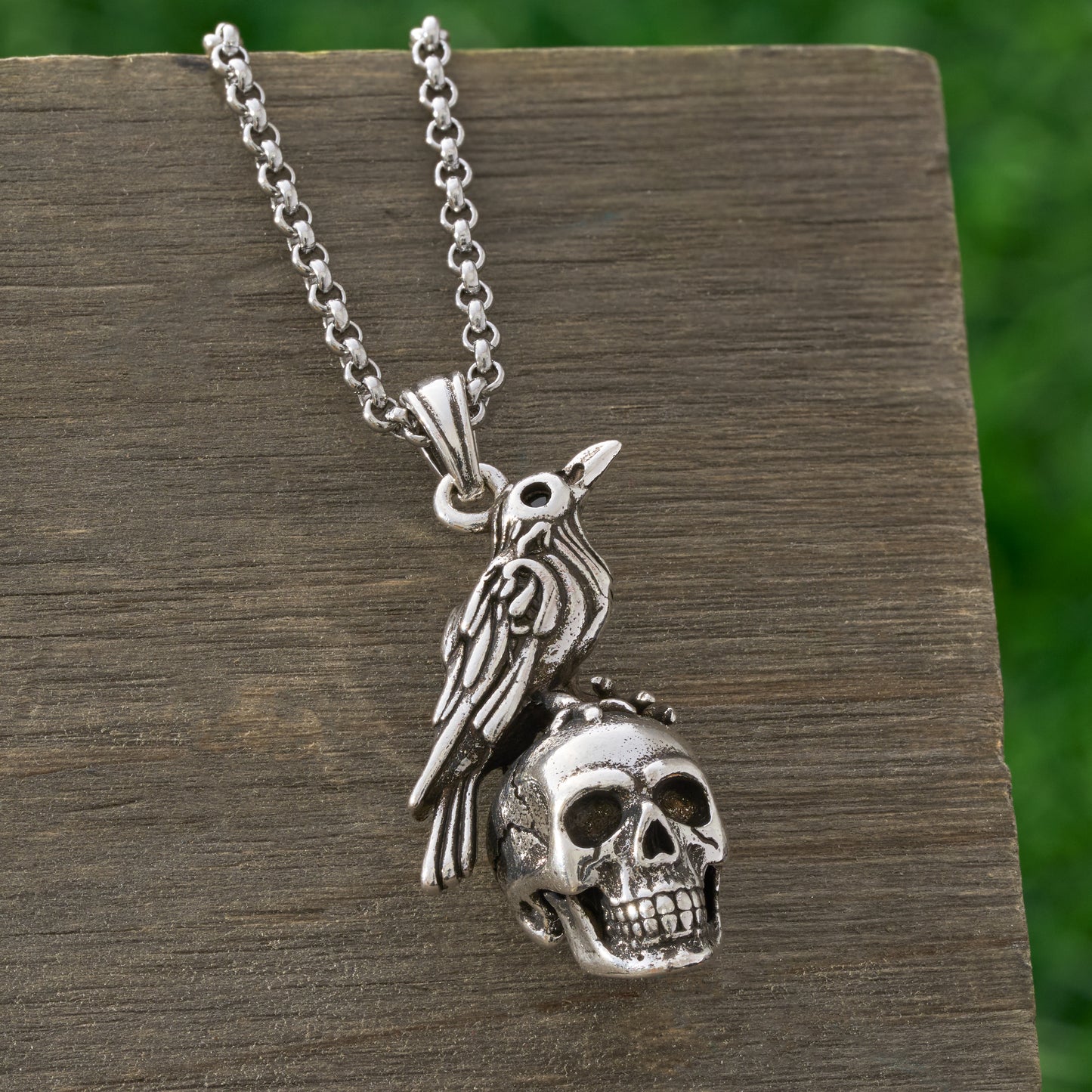 Vintage Raven on Skull Pendant Necklace