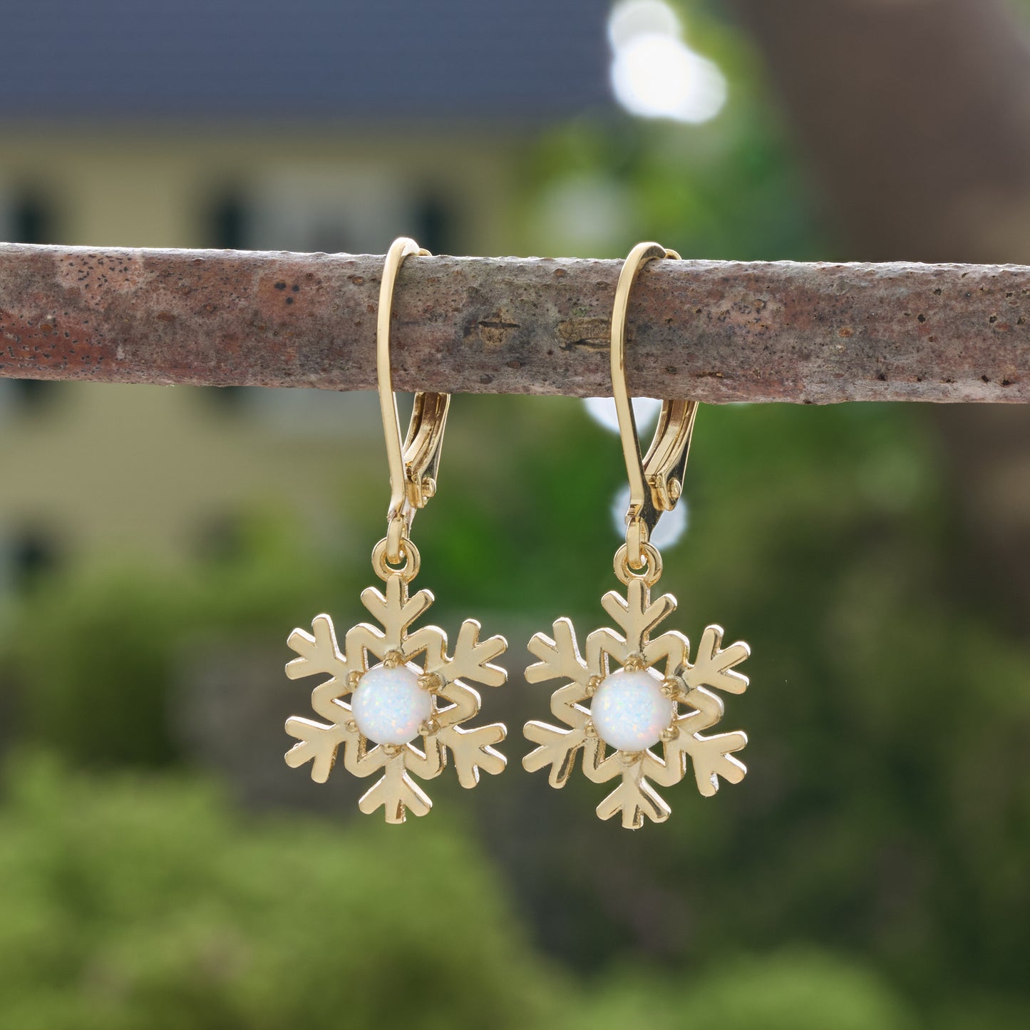 Gold Snowflake Opal Leverback Earrings