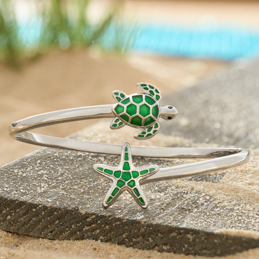 Green Sea Turtle & Starfish Cuff Bracelet