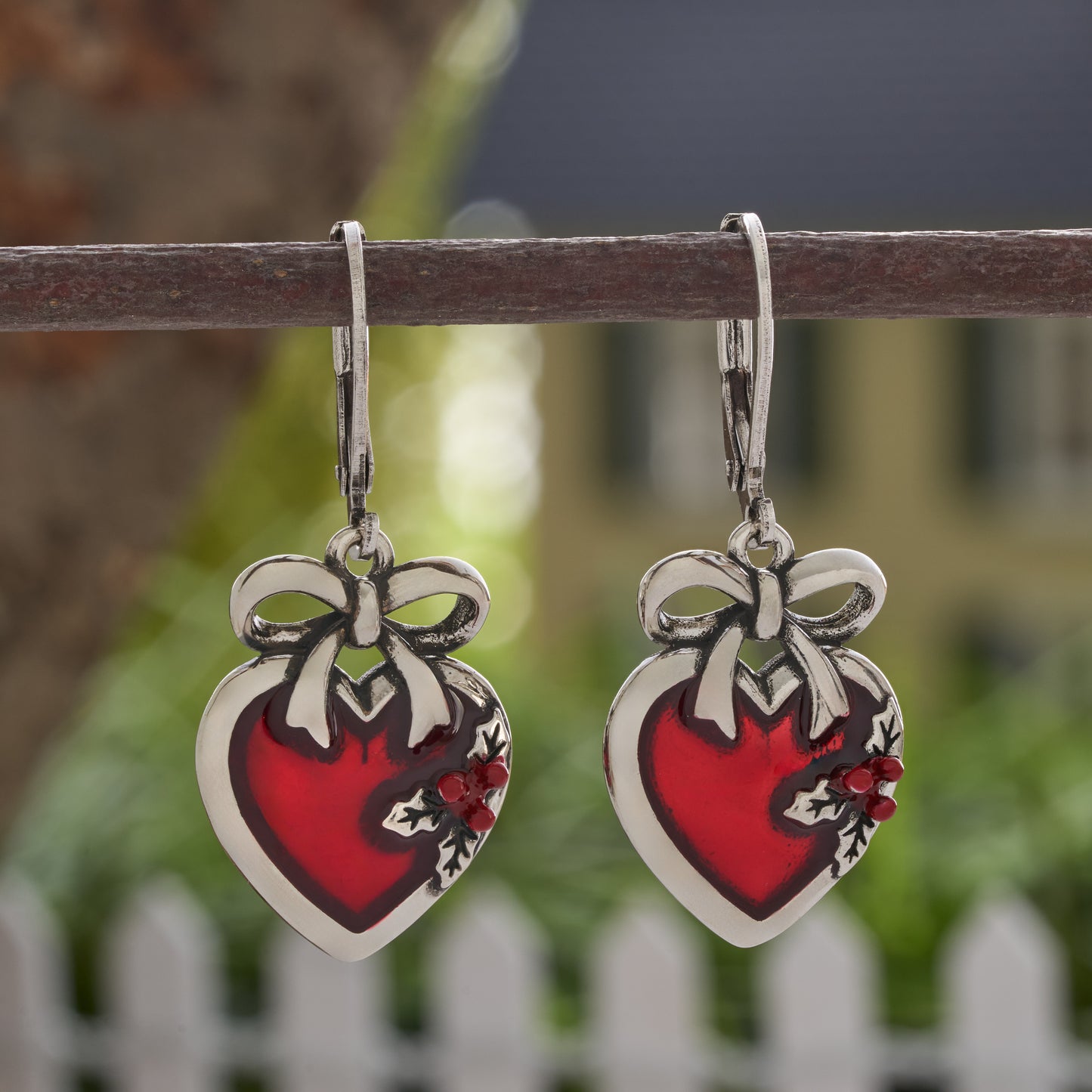 Red Enamel Holly Heart Bow Leverback Earrings