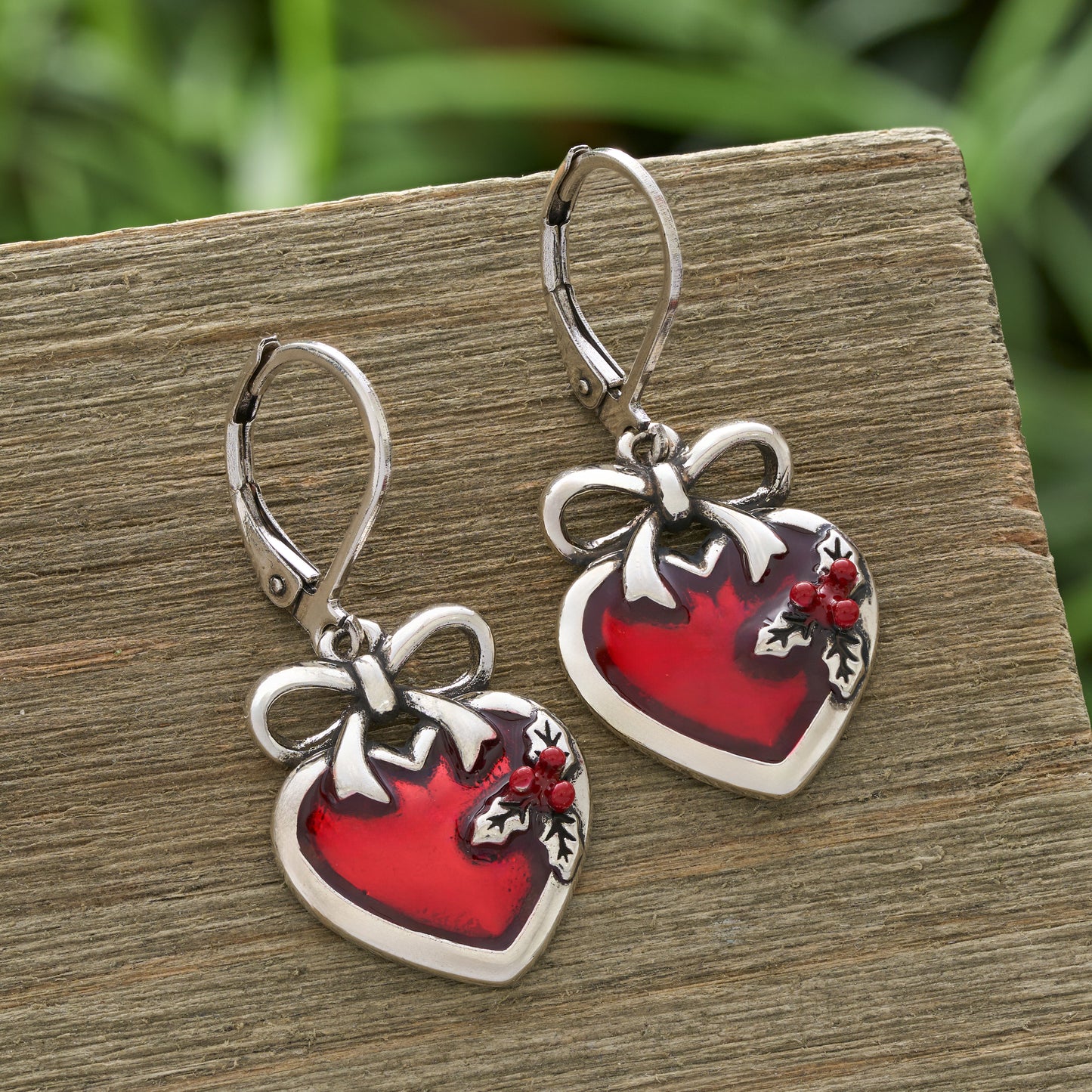 Red Enamel Holly Heart Bow Leverback Earrings