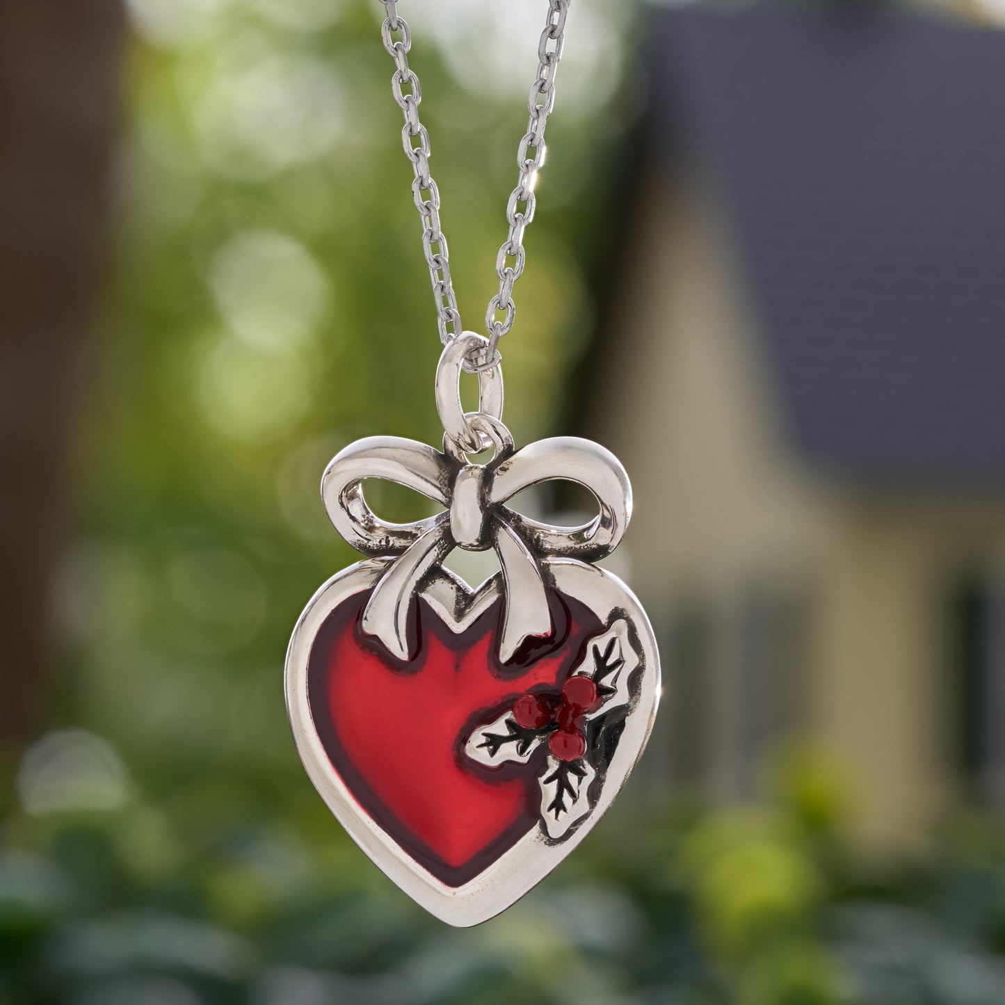 Red Enamel Holly Heart Bow Necklace