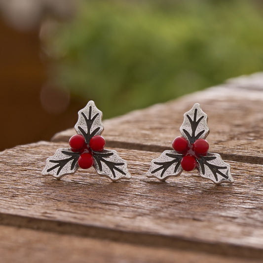 Red Enamel Holly Studs