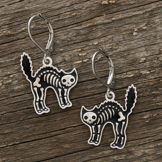Skeleton Cat Leverback Earrings