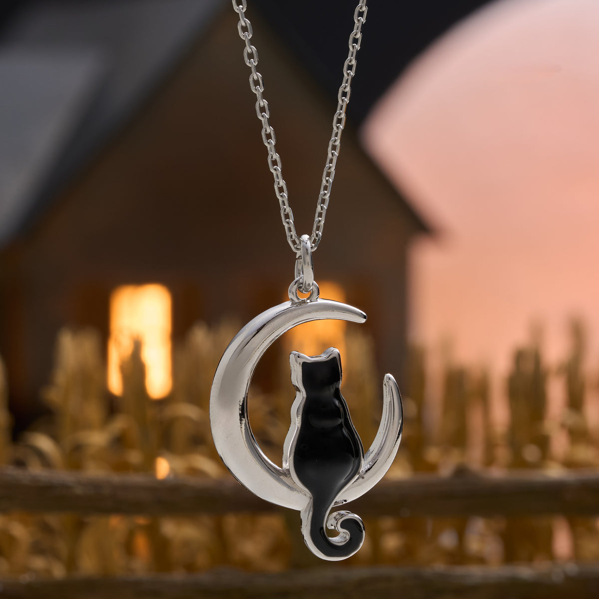 Enamel Black Cat Crescent Moon Necklace Bundle
