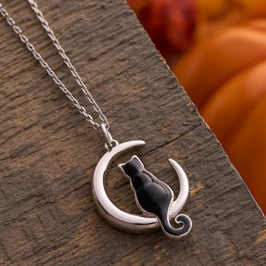 Enamel Black Cat Crescent Moon Necklace