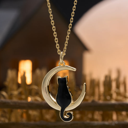 Gold Enamel Black Cat Crescent Moon Necklace