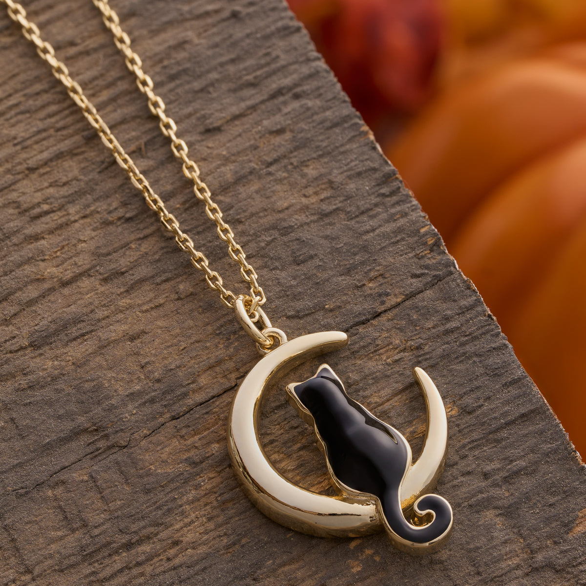 Enamel Black Cat Crescent Moon Necklace Bundle