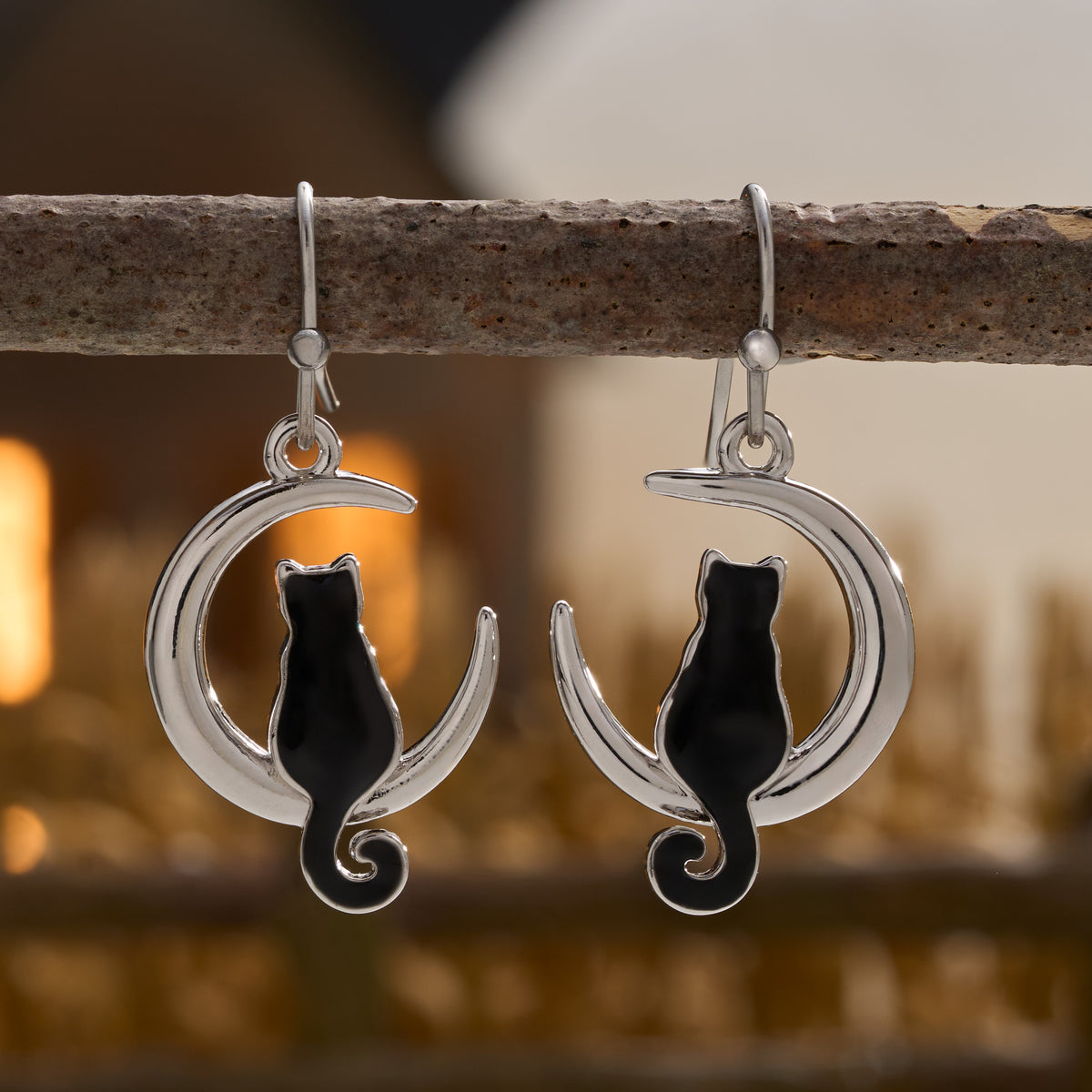 Enamel Black Cat Crescent Moon Earrings with French Hooks