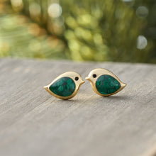 Load image into Gallery viewer, Gold Sterling Silver Malachite Birdie Studs