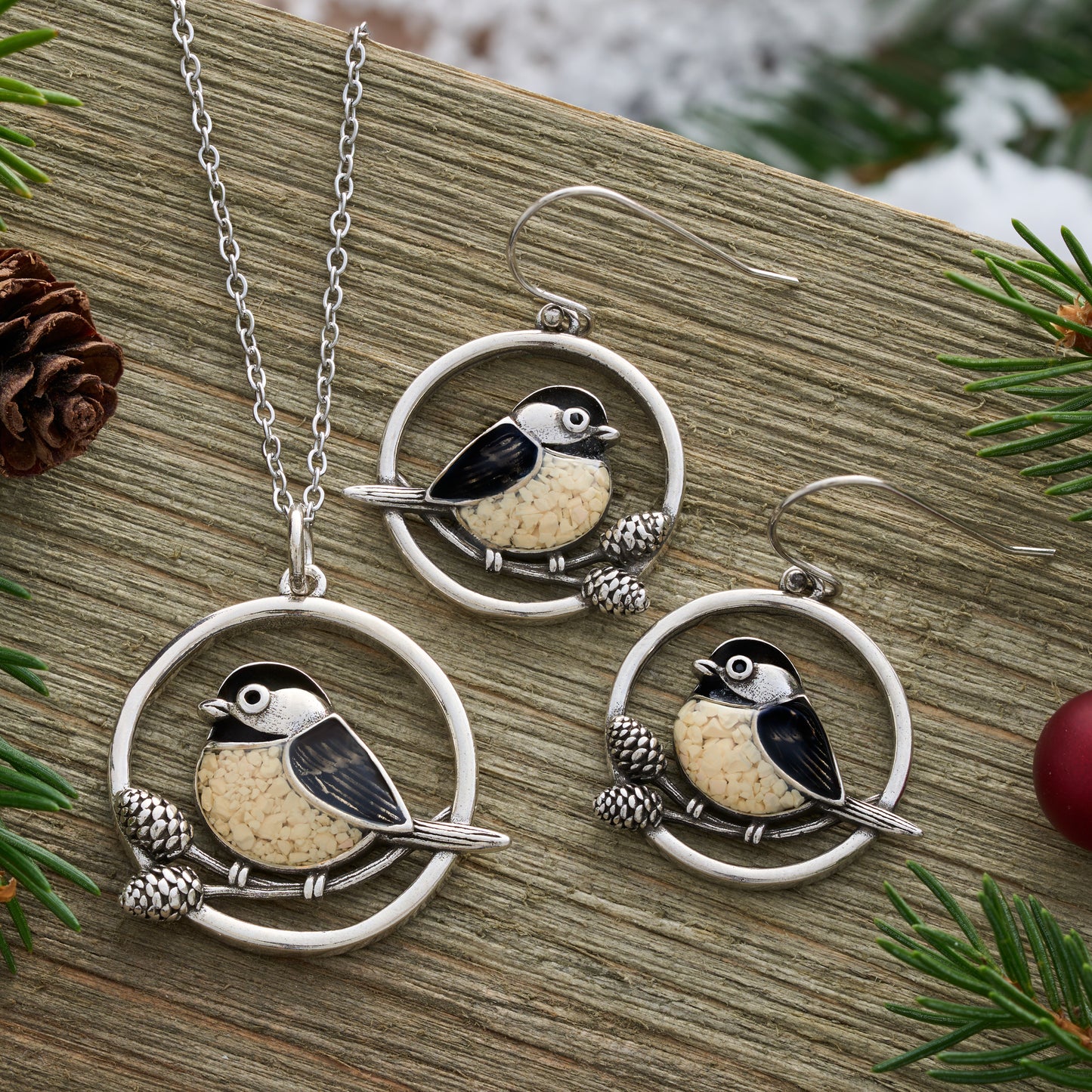Chickadee Pine Branch Gift Set with French Hooks