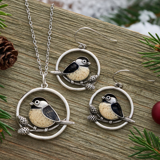 Chickadee Pine Branch Gift Set with French Hooks