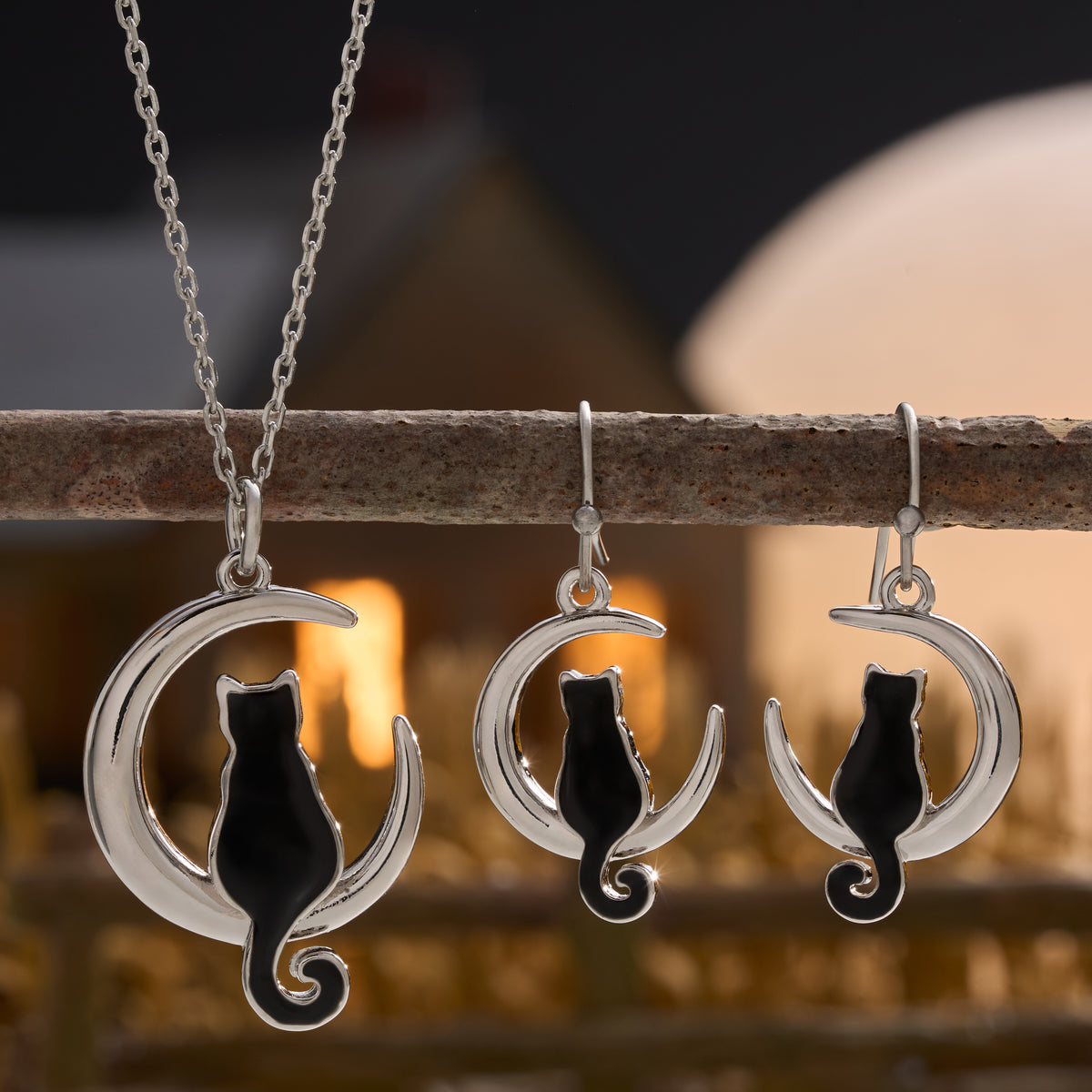 Enamel Black Cat Crescent Moon Gift Set (French Hooks)