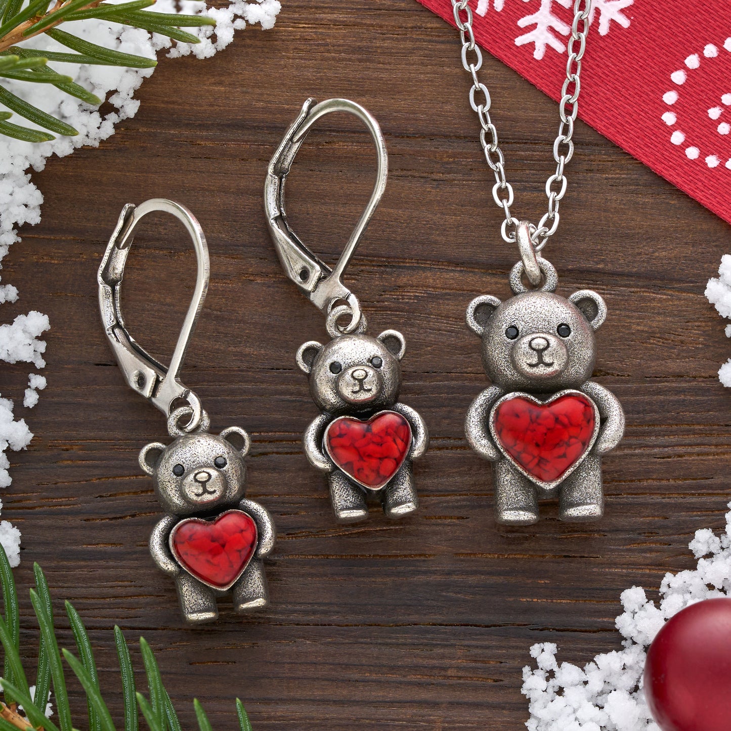 Dainty 3D Teddy Bear with Red Glass Heart Gift Set