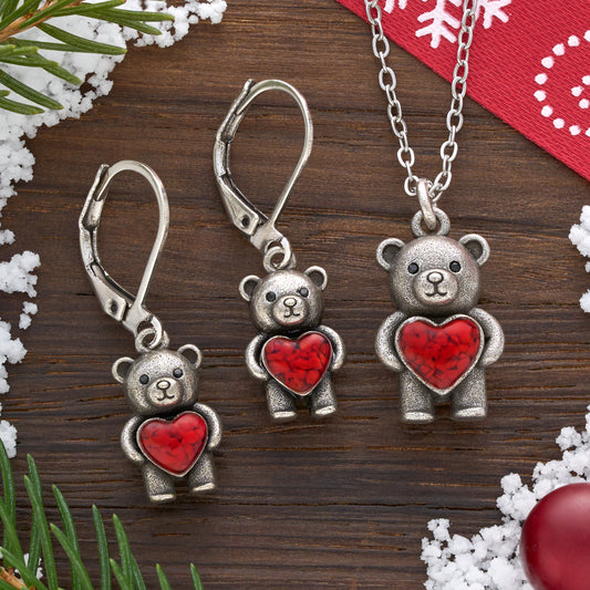 Dainty 3D Teddy Bear with Red Glass Heart Gift Set