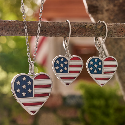 Patriotic American flag heart leverback earrings and matching necklace set for July 4th and USA 250th anniversary


