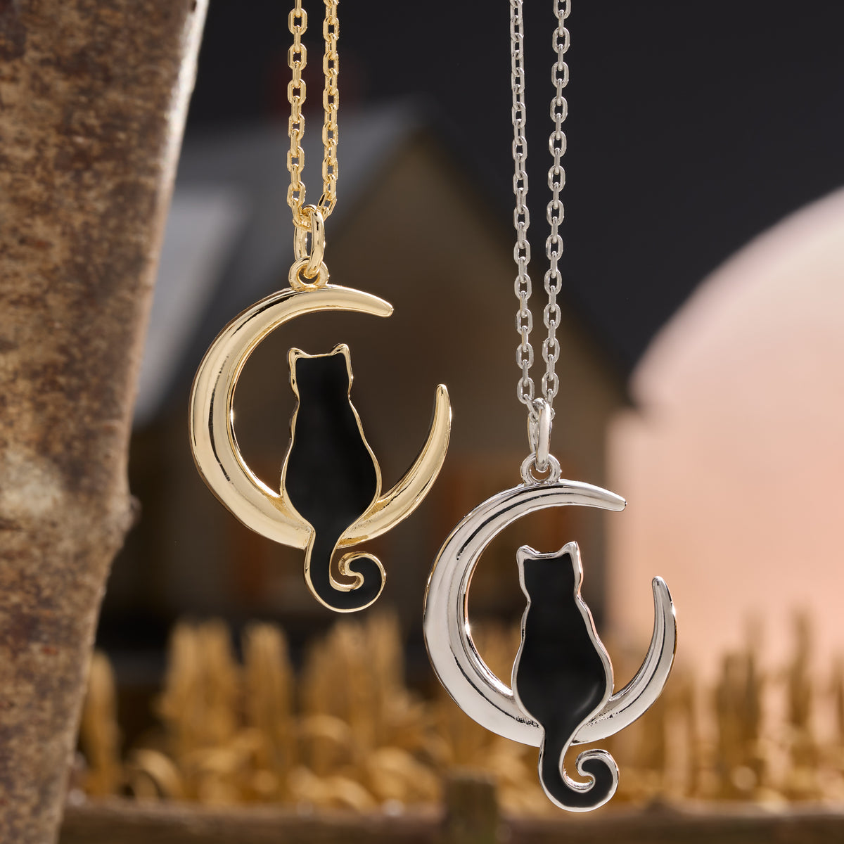 Enamel Black Cat Crescent Moon Necklace Bundle