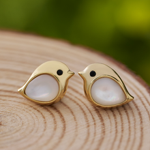 Load image into Gallery viewer, Gold Sterling Silver Mother of Pearl Gemstone Birdie Studs