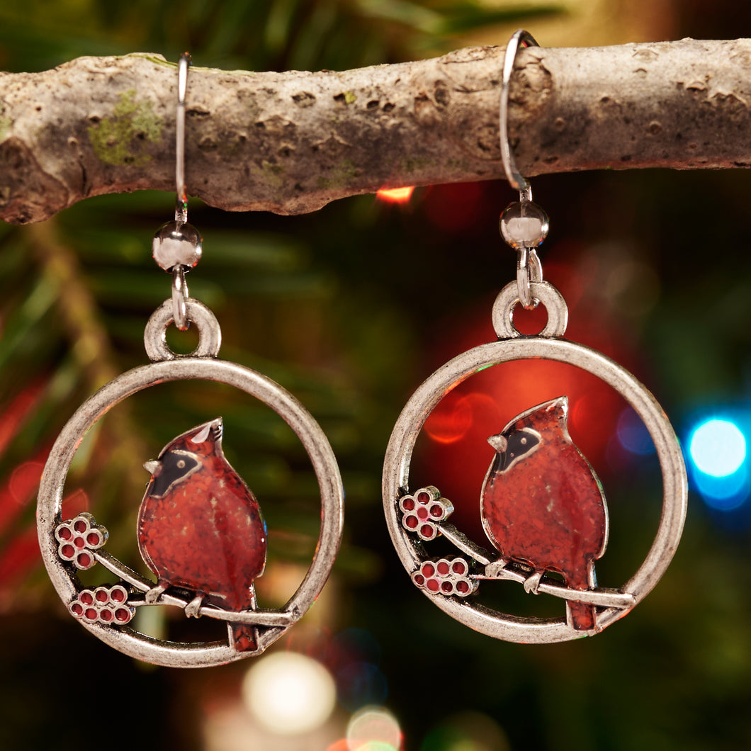 Red Glass Cardinal Holly Branch Earrings