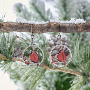 Red Glass Cardinal Holly Branch Earrings