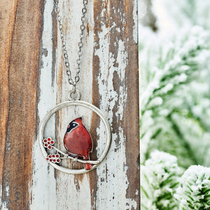 Red Glass Cardinal Holly Branch Necklace