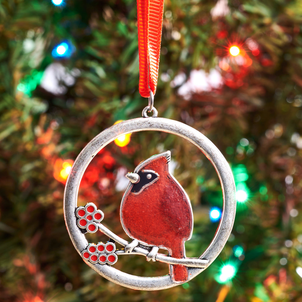 Red Glass Cardinal Branch Ornament