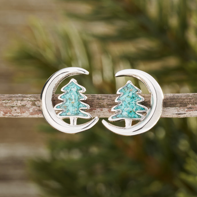 Turquoise Pine Crescent Stud Earrings