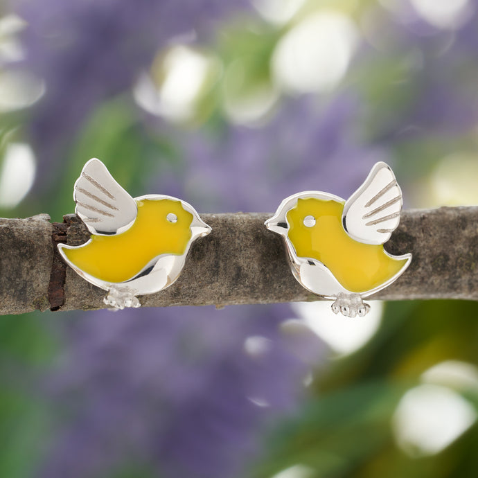 Sterling Silver Flying Yellow Robin Studs
